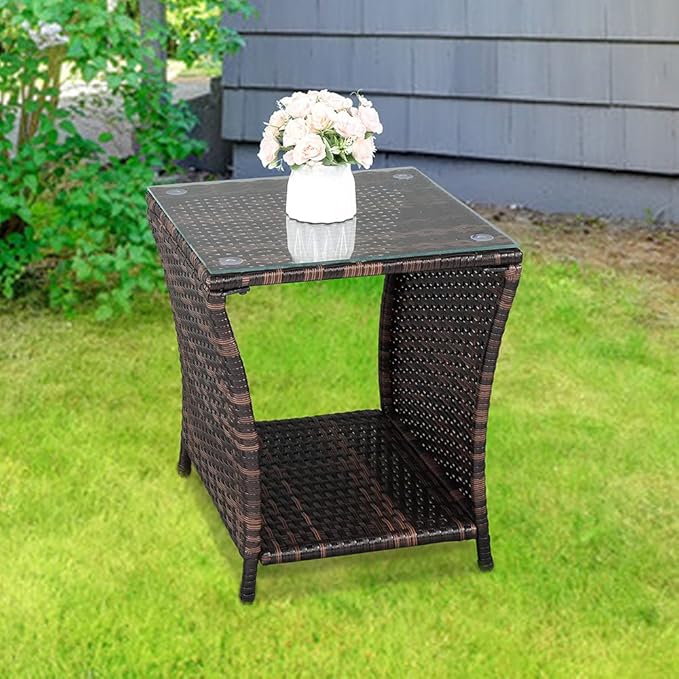 Wicker Rattan Side Table, Outdoor Square Rattan Coffee Table End Table Patio Wicker Table with Tempered Glass Top and Storage for Garden Porch Deck Backyard (Brown)