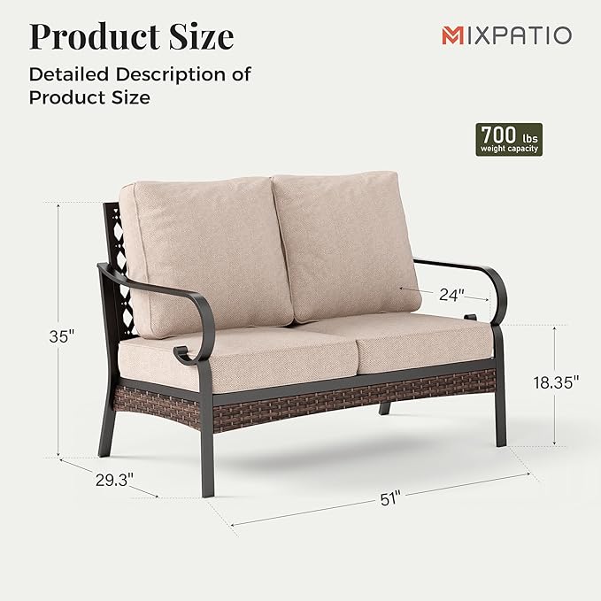 Patio Furniture Sofa, Love-Seat Patio Sofa Steel Frame Outdoor Sectional Couch with Deep Seating and 5.75” Cushions for - Photo 2