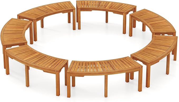 Moccha Outdoor Curved Bench, Acacia Wood Fire Pit Bench w/Slatted Seat, Loveseat, Outside Chair, Patio Backless 2-Person Seating for Balcony Yard Deck Porch 800 LBS Max Load (7, Natural)