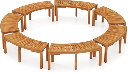 Moccha Outdoor Curved Bench, Acacia Wood Fire Pit Bench w/Slatted Seat, Loveseat, Outside Chair, Patio Backless 2-Person Seating for Balcony Yard Deck Porch 800 LBS Max Load (7, Natural)