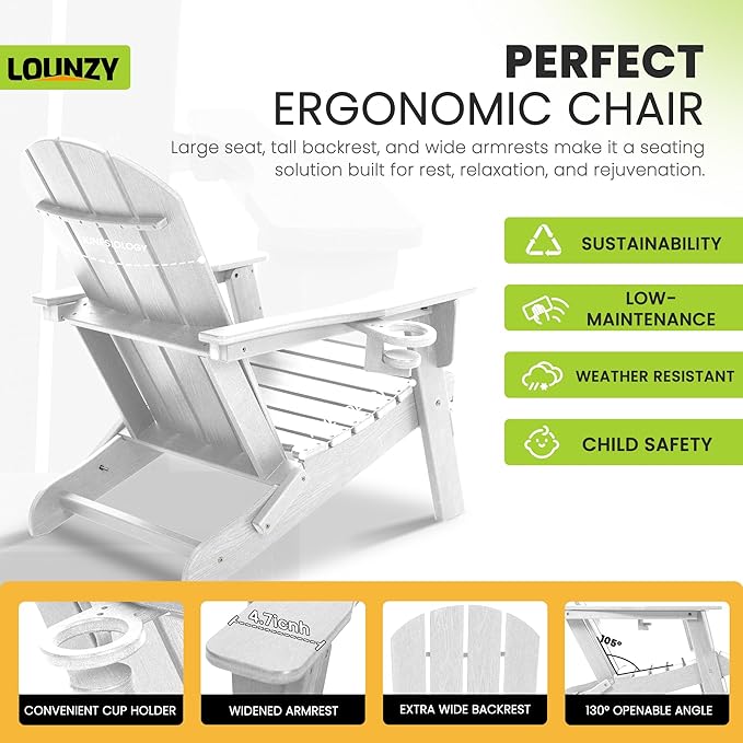 LOUNZY Folding Adirondack Chair Set of 6, HDPE All-Weather Folding Adirondack Chair with Cup Holders - Photo 5