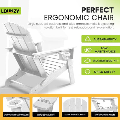 LOUNZY Folding Adirondack Chair Set of 4, HDPE All-Weather Folding Adirondack Chair with Cup Holders, Outdoor Patio Adirondack Chair for Deck Lawn Fire Pit, White