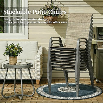 MAMIZO Patio Dining Chairs, Stackable All Weather Teslin Chair, Heavy Duty Outdoor Breathable Chairs Set, w/Armrests, Upgraded Chair FeetW/Strenthened Iron Spacers, 330 LBS (8, Brown)