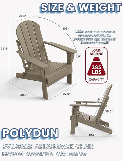 Adirondack Chair with Cup Holder Set of 6, Folding HDPE Patio Chairs, Outdoor Plastic Fire Pit Chair, Wood Texture, Lawn Chairs for Deck, Porch, Backyard, Garden, Weathered Wood