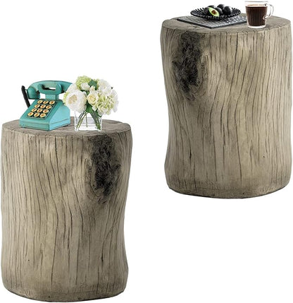 HOMPUS Concrete Outdoor Side TableSet of 2, 2 Piece Tree Stump Modern Round Coffee Table Accent Table Set Plant Stand Faux Wood End Table Garden Stool for Patio,Home Decor, Living Room, Silver Maple