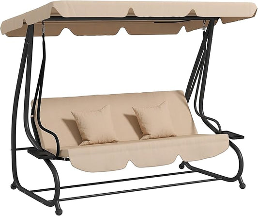 Outsunny 3-Seat Outdoor Patio Swing Chair, Converting Flatbed, Outdoor Swing Glider with Adjustable Canopy, Removable Cushion and Pillows, for Porch, Garden, Poolside, Backyard, Ecru