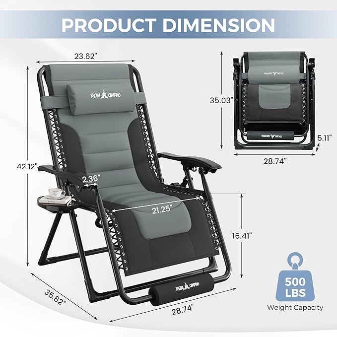 UDPATIO Oversized Zero Gravity Chair, Patio Recliner, Folding Adjustable Outdoor Lounge Chair with Cup Holder, Foot Pad & Padded Headrest, Supports 500lbs (1, Black/Gray, 29in)