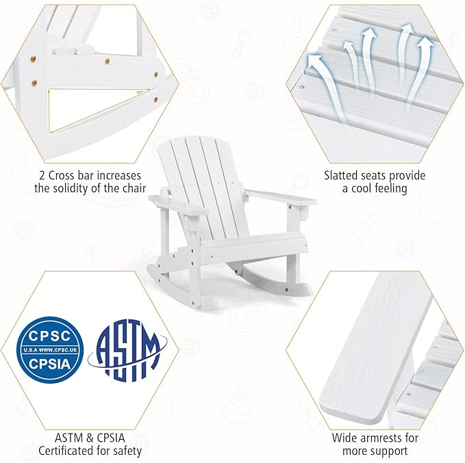 Giantex Wooden Adirondack Rocking Chairs Set of 2 - Kids Outdoor Rocker with Slatted seat, Smooth Rocking Feet, 300LBS Weight Capacity, Porch Rocking Chair for Balcony, Backyard, Poolside (2, White)