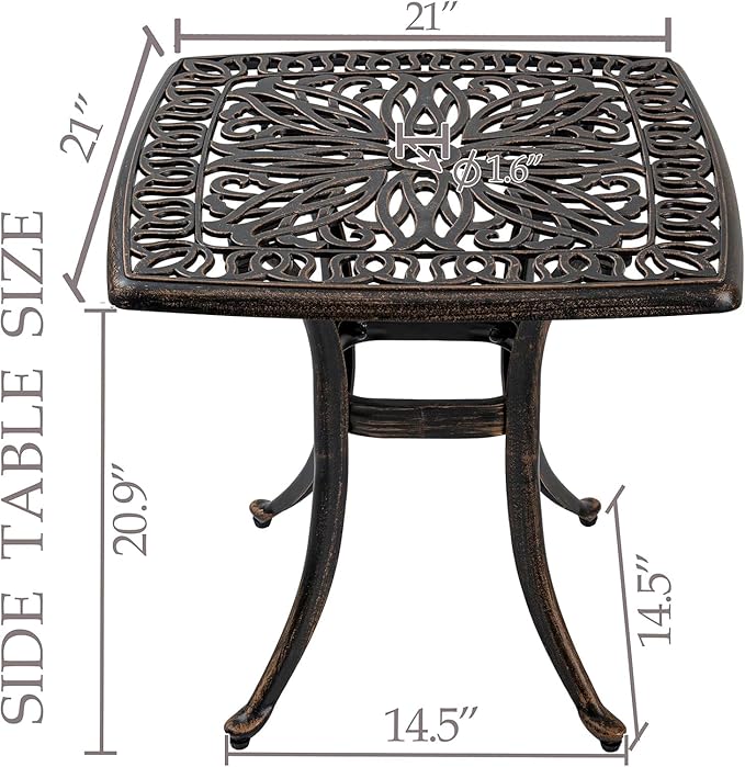 Outdoor 21" Cast Aluminum Square Side Table Set of 2 End Table for Patio, Backyard, Pool, Indoor Companion, Easy Maintenance and Weather Resistant, Bronze (Bronze)