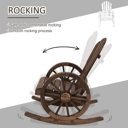 AMNOOL Outdoor Wooden Rocking Chair with Slatted Design and Extra Large Backrest Outdoor Rocking Chair with Wagon Wheel Armrest for Porch, Patio, Poolside, Balcony, Relaxing Gift for Parents, Brown