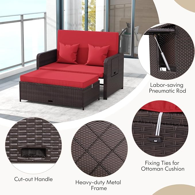 LDAILY Moccha Outdoor Daybed, Wicker Loveseat Sofa Set with 4-Postion Adjustable Backrest, Storage Ottoman, Cushions - Photo 5