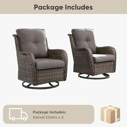 Belord Outdoor Swivel Chairs Set of 2,Patio Wicker Rocker Chairs,All Weather Patio Conversation Furniture Set, Ideal for Porch Balcony Deck Yard, Brown Wicker/Gray