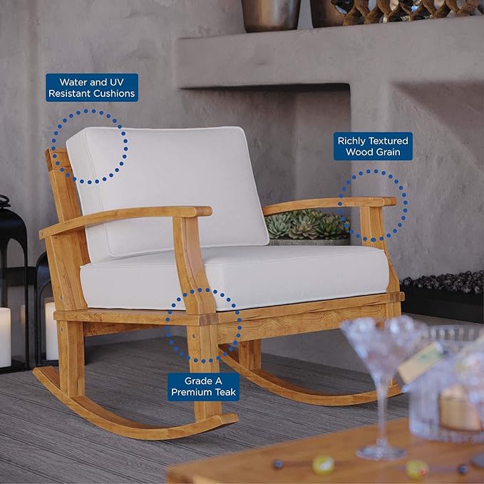 Modway EEI-4177-NAT-WHI Marina Patio Teak Rocking Chair, Natural White