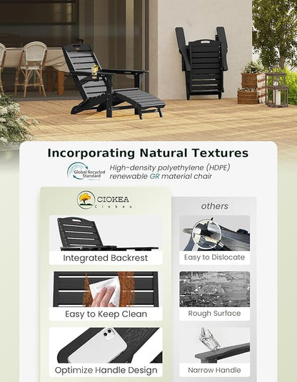 Ciokea Folding Adirondack Chair with Retractable Ottoman, HDPE Fire Pit Chairs with Pull Out Footrest, All Weather Resistant Outdoor Patio Chair with 2 Cup Holders for Lawn, Garden, Backyard (Black)