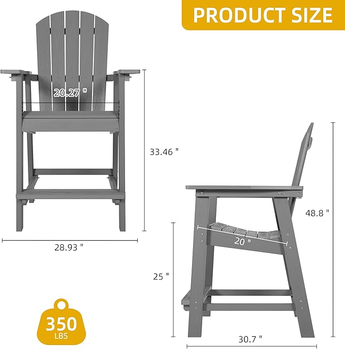 DWVO 25" Tall Adirondack Chair, HIPS Bar Stools Outdoor Seating High Back Outdoor Chairs Lifeguard Chair, Ideal for Deck, Pool, Patio, Porch, Balcony, Gray