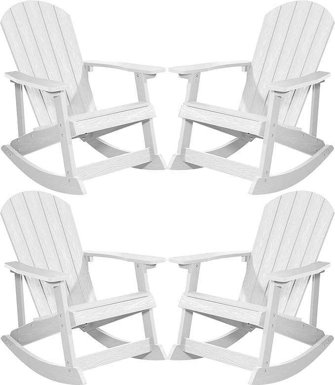 YEFU Outdoor Rocking Chair Set of 4,Adirondack Rocking Chair,Patio Rocker Chair with Wide Back,Oversized Rocker Chair Look Like Real Wood, for Lawn, Porch, Backyard, Indoor and Garden(White)