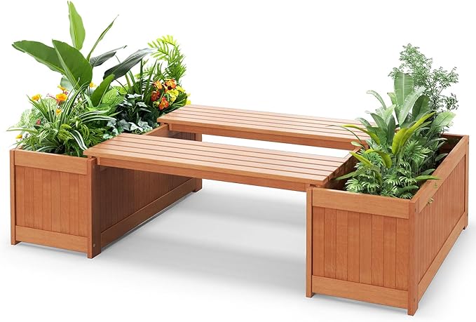 2 Pack Outdoor Planter Benches, 45 Gallon Outdoor Bench Wooden Raised Garden Bed with Planter Box - Photo 1