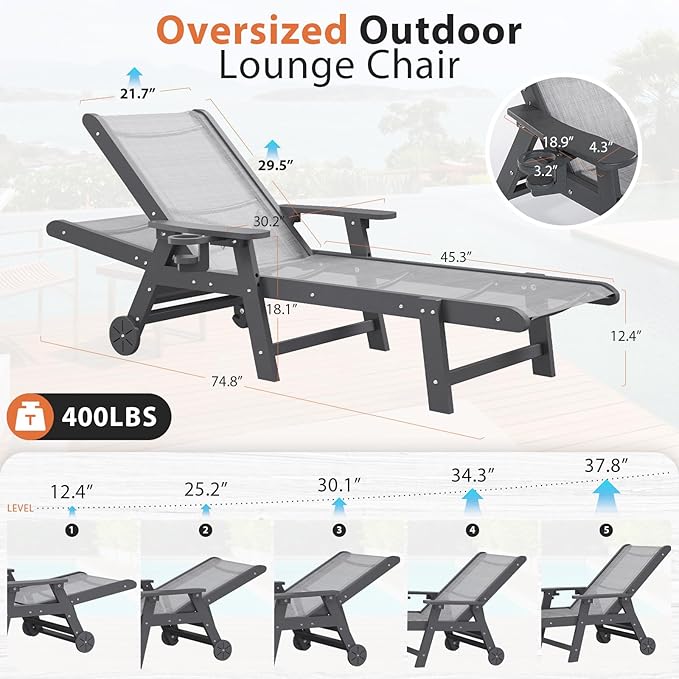 Outdoor Chaise Lounge Chair Set of 2, 5-Position Adjustable Pool Lounge Chair with Wheels & Cup Holder - Photo 3