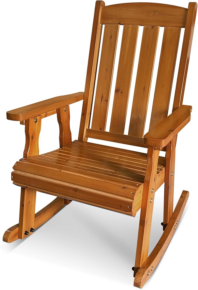 Wooden Patio Rocking Chair with Comfortable Backrest Inclination, High Backrest and Deep Contoured Seat, Solid Fir Wood, Heavy Duty 600 LBS, for Both Outdoor and Indoor (Natural)