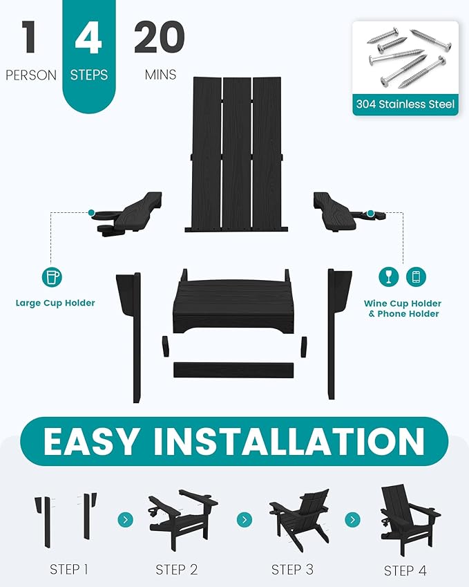SERWALL Adirondack Chair with Dual Cup Holders, Folding Modern Adirondack Chair - Photo 5