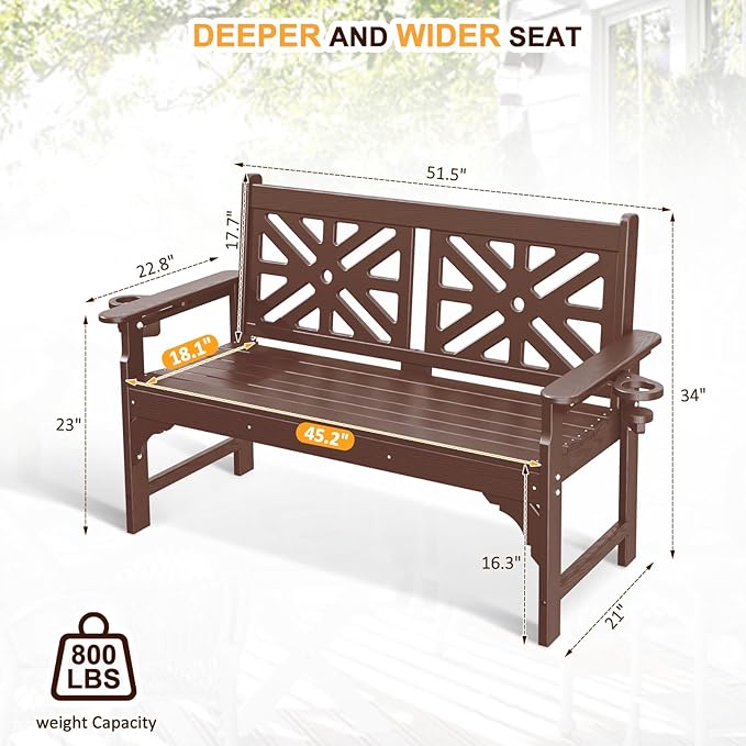 nalone Outdoor Bench with Cup Holders, HDPE All Weather Porch Bench Load up to 800 Lbs - Photo 3
