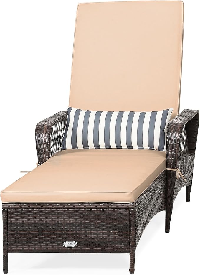COSTWAY PE Rattan Chaise Lounge Chair, 6 Gear Adjustable Recliner with Armrest & Pillow - Photo 1
