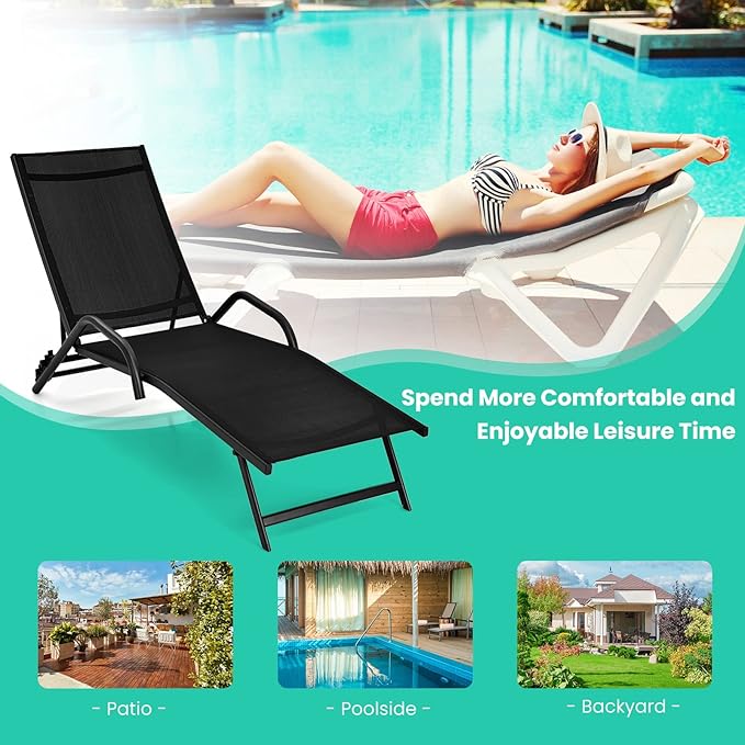 Giantex Lounge Chairs for Outside - Set of 2 Outdoor Chaise Lounge with 5 Adjustable Position, Steel Frame, Patio Loungers, Camping Reclining Chair for Garden, Poolside, Yard Sunbathing Chairs, Black