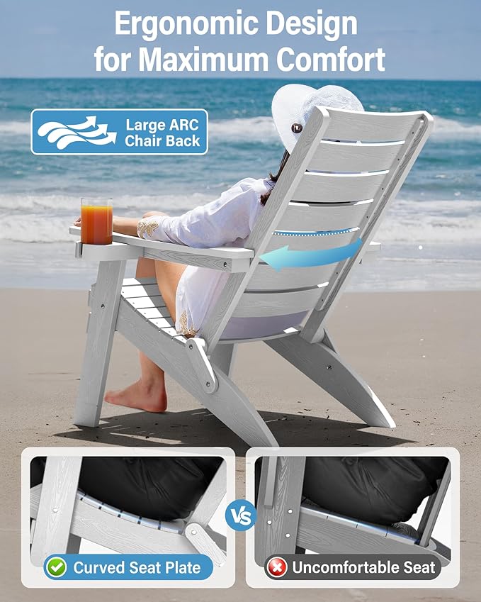 YEFU Folding Oversized Adirondack Chair: Plastic Fire Pit Chair Heavy Duty with Arc Backrest & Cup Holder - All Weather Patio HIPS Adirondack Chairs for Outdoor Lawn Garden Wood-Texture-White