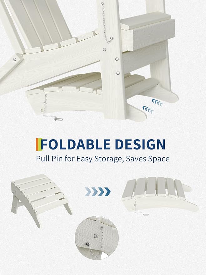 Garvee Folding Adirondack Ottoman Set of 2, HDPE Outdoor Footrest for Adirondack Chair, All-Weather Resistant for Deck Backyard Patio Outside Poolside Porch Lawn - White