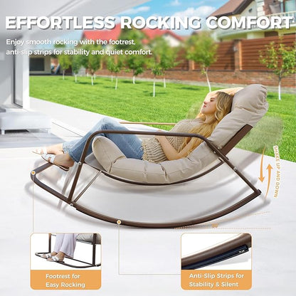 BULEXYARD Beige 2 Pcs Oversized Indoor Outdoor Lounge Royal Rocking Chair with Armrest Footrest for Napping Relaxing, Heavy Duty Patio Reclining Papasan Rocker Chair with Padded Cushion