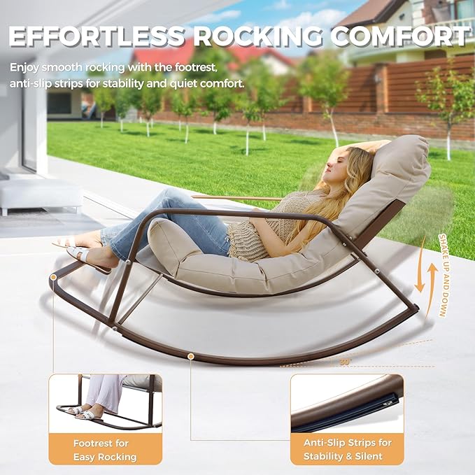 BULEXYARD Beige Oversized Indoor Outdoor Lounge Royal Rocking Chair with Armrest Footrest for Napping Relaxing, Heavy Duty Patio Reclining Papasan Rocker Chair with Padded Cushion for Porch, Sunroom