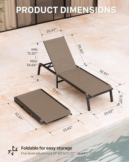 Aluminum Chaise Foldable Patio Lounge Chair Outdoor, Metal Deck Lounger Adjustable 5-Position Recliner Pool Chase Breathable Full Flat Outside Sun Tanning Chairs for Beach/Poolside/Lawn(Khaki, 2 Pack)