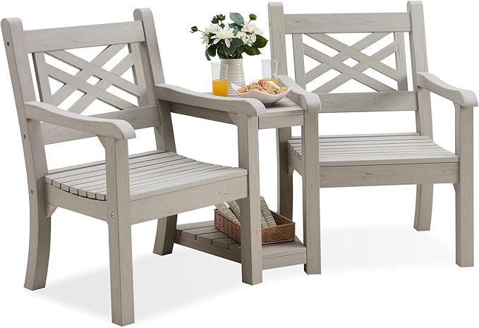 Psilvam Patio Furniture, All-Weather Poly Lumber Outdoor Loveseat, 2-Seater Outdoor Chair with Center Table & Umbrella Hole, Waterproof Accent Chairs Suitable for Lawn, Garden, Terrace (Grey)