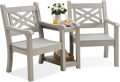 Psilvam Patio Furniture, All-Weather Poly Lumber Outdoor Loveseat, 2-Seater Outdoor Chair with Center Table & Umbrella Hole, Waterproof Accent Chairs Suitable for Lawn, Garden, Terrace (Grey)