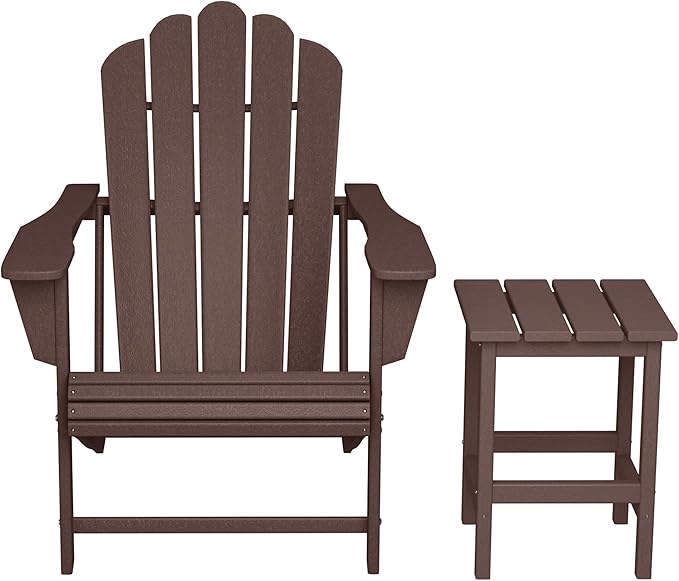 Costaelm Lakeview Outdoor Patio HDPE Adirondack Chair with Cup Holder and Table Set, Dark Brown