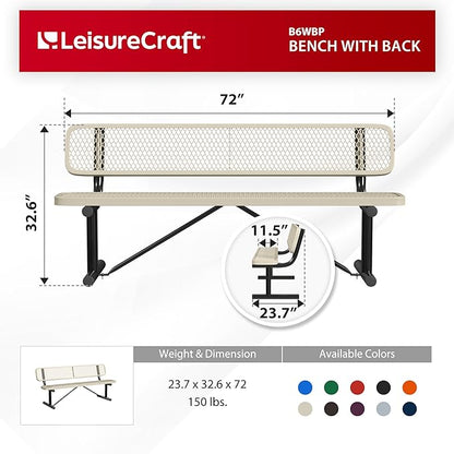 Leisure Craft Metal Outdoor Bench with Back - 6 Foot Heavy Duty Bench Seating for Garden, Porch, Picnic, Park, Expanded Metal, Thermoplastic Coating, Commercial Grade Furniture Made in USA - Beige