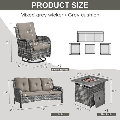 Belord 4 Piece Patio Wicker Furniture Set, Outdoor Swivel Rocker Chairs, All Weather Outdoor Patio Couch with Fire Pit Table for Deck Porch, Gray Wicker/Gray