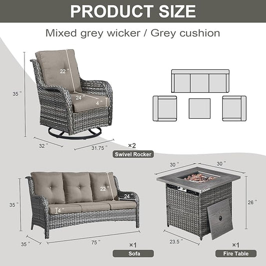 Belord 4 Piece Patio Wicker Furniture Set, Outdoor Swivel Rocker Chairs, All Weather Outdoor Patio Couch with Fire Pit Table for Deck Porch, Gray Wicker/Gray