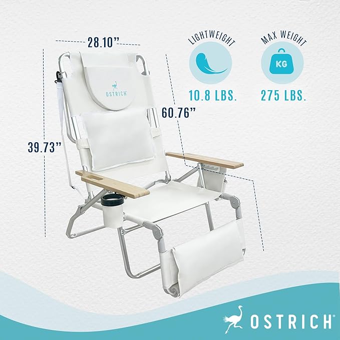Ostrich the Deluxe 3N1 Reclining Lounge Chair, Folding Outdoor Lounger and Extra-Wide Beach Chair with Wooden Armrests and Face Hole, White