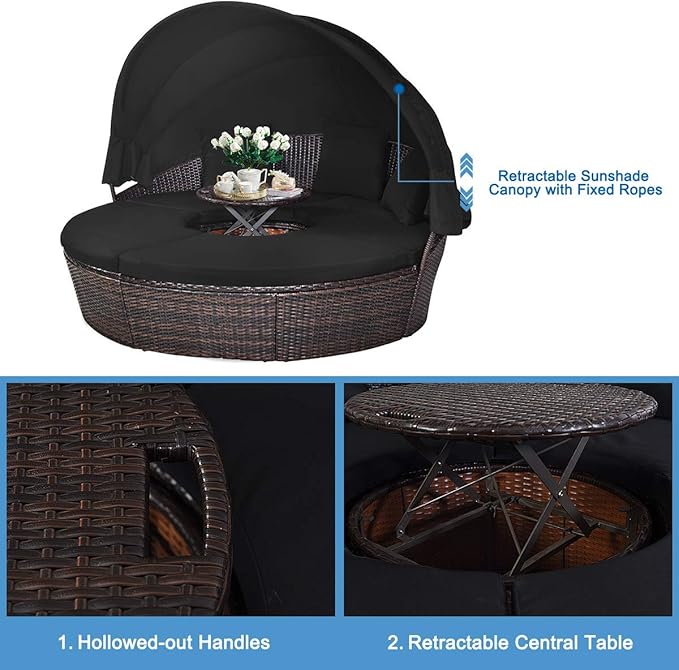 HAPPYGRILL Patio Daybed with Canopy Outdoor Furniture Set Sofa Set Rattan Wicker Round Daybed with Soft Cushions Coffee - Photo 5