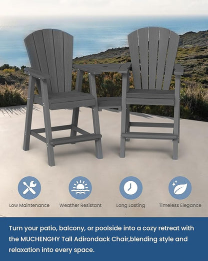 Ciokea Tall Adirondack Chairs Set of 4, HDPE Outdoor Adirondack Bar Stools with Double Connecting Tray, Weather Resistant High Back Adirondack Balcony Chairs for Deck, Lawn, Pool, Backyard, Dark Gray