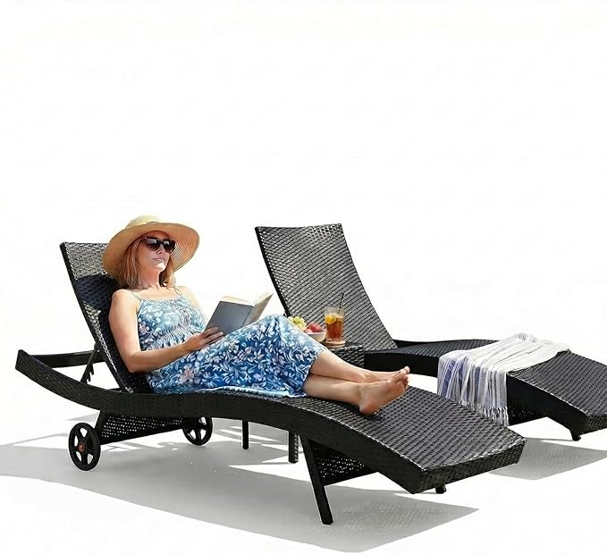 Wicker Outdoor Lounge Chairs with Rolling Wheels, Pool Lounge Chairs Set of 2, Rattan Outdoor Lounger with Pull Out Side Table, Adjustable Backrest Patio Chaise Lounges, Black