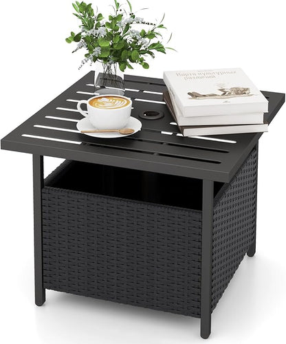 Giantex Outdoor Side Table with Umbrella Hole, 22" Wicker Umbrella Stand Holder and Base, Weather-Resistant PE Rattan Patio End Table for Deck Garden Poolside (Metal Tabletop, Black)