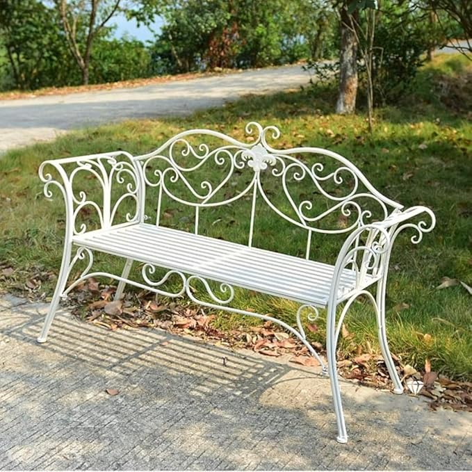 Metal Garden Bench, Country Wrought Iron Double Chair Bench, Villa Garden Courtyard Decoration Leisure Chair, Park Outdoor Bench with Backrest