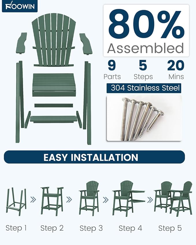 FOOWIN Tall Adirondack Chair Set of 2, All Weather HDPE Bar Height Adirondack Chair with Double Connecting Trays, Adirondack Barstools for Balcony, Deck, Backyard, Patio, Garden Dark Green