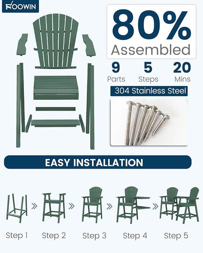 FOOWIN Tall Adirondack Chair Set of 2, All Weather HDPE Bar Height Adirondack Chair with Double Connecting Trays, Adirondack Barstools for Balcony, Deck, Backyard, Patio, Garden Dark Green