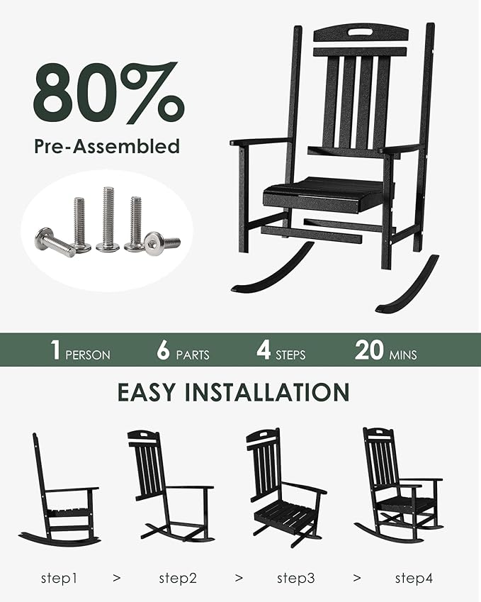 Outdoor Rocking Chair, All-Weather Resistant Poly Lumber Rocker Chair Outdoor, High Back Plastic Patio Rocking Chairs for Outside Porch Rocker Garden Lawn, Dark Green