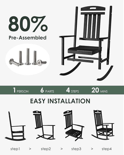 Outdoor Rocking Chair Set of 4, High Back Plastic Patio Rocking Chairs for Outside Porch Rocker Garden Lawn, All-Weather Resistant Poly Lumber Rocker Chair Outdoor, Lime