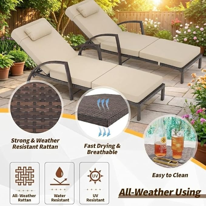 Outdoor Chaise Lounge Set of 2, 5-Position Adjustable PE Wicker Reclining Chairs with Wheels & 3.5" Cushions, 400 lbs Capacity All-Weather Patio Furniture for Poolside, Garden, Beach(Beige)