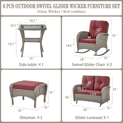 Belord 6 Pieces Wicker Patio Furniture Set with Patio Rocking Chairs, High Back Patio Conversation Set Outdoor Loveseat Glider with Ottoman and Rattan Side Table for Deck Sunroom Backyard